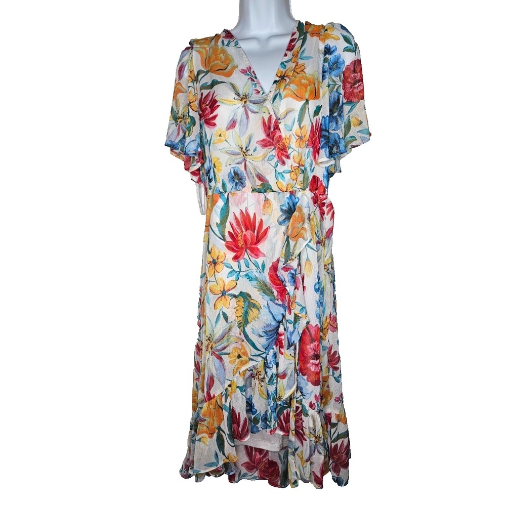 Calvin Klein M Floral Chiffon Faux Wrap High Low Dress Cottagecore Romantic Boho
